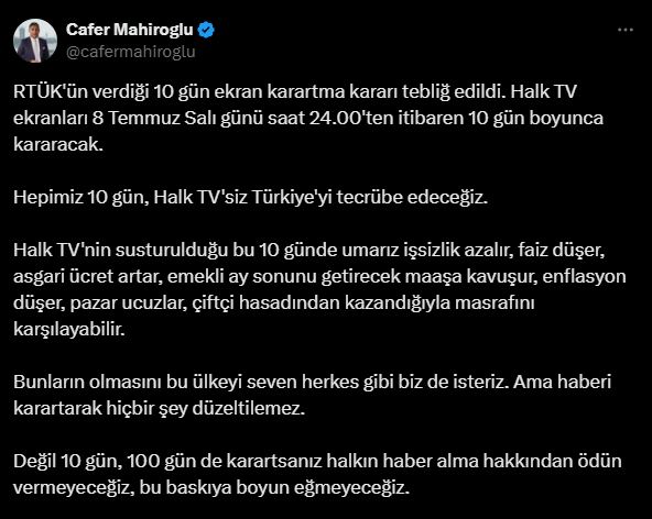 Cafer Mahiroglu Halk Tv 10 Gun Ekran Karartma Cezasi